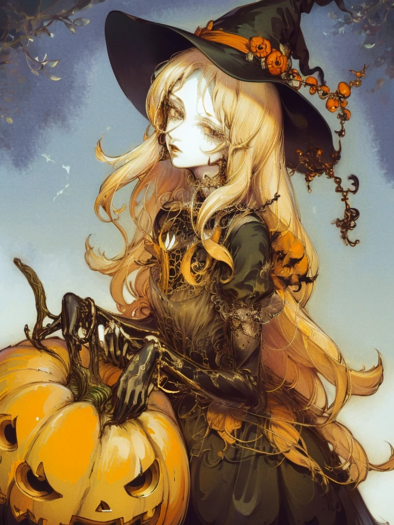 masterpiece, style by NTY, a woman, yoshitaka amano character design, intricate black witch dress, halloween theme, witch outfit, pumpkin