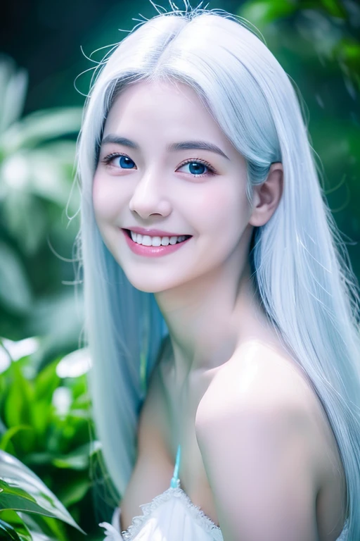 young beautiful girl with white hair and blue skin, sexy body, C cup, smiling softly, wet with white milky serum on her face ... her body emitting strong white platinum aura... pov from above, background beautiful garden