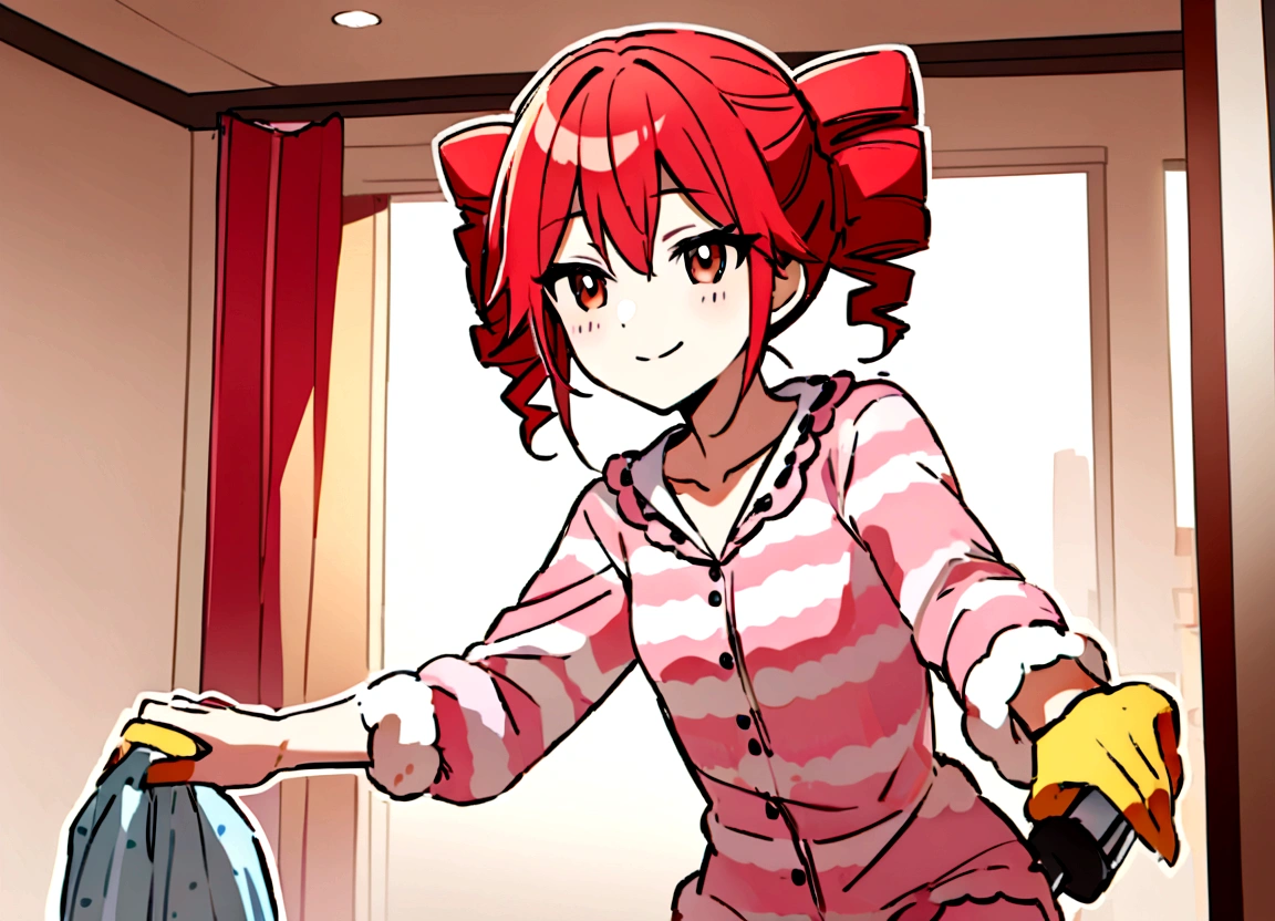 Redhead, loungewear, cleaning, smiling