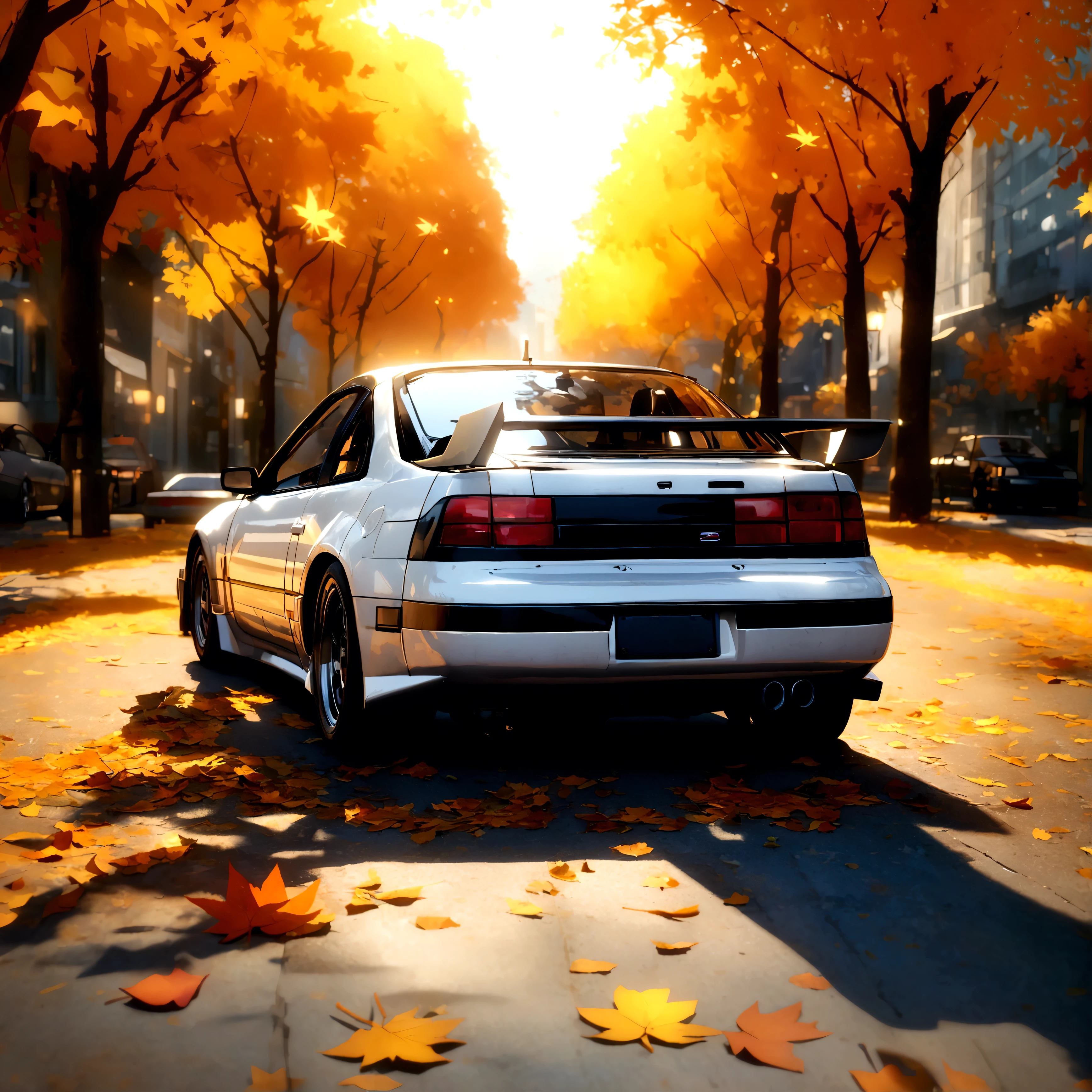 300ZX, white,drift car parked on a street covered with leaves in autumn in a (city:1.3), fall, global illumination, volumetric lighting, best quality, highly detailed, cgi, illustration, octane render,