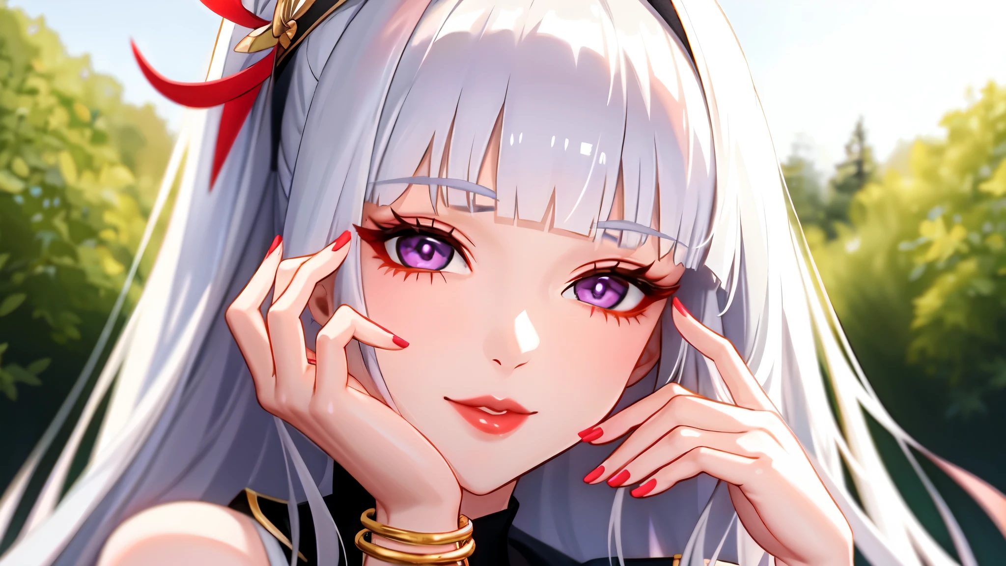 1 girl, One, Satella from anime Re:NULL, long hair, Looking at the viewer, smile, purple eyes, hair ornament, White background, jewelry, White hair, closed mouth, Blunt bangs, nail polish, bracelet, lips, grey eyes, portrait, red nails, close-up, red lips, hands on your own face, hands on your own cheeks,(mature woman),(shiny skin),((smoking body)), forest on background