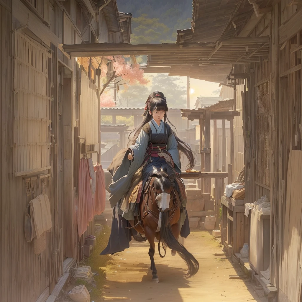 Anime girl in a long dress riding a horse in a room, Gweiz-style artwork, 2. 5d cgi anime fantasy artwork, guweiz on pixiv artstation, Guweiz on ArtStation Pixiv, Xin Haicheng, Jan J, Traditional Japanese concept art, artstation pixivでトレンド, Beautiful artwork illustration 1. Scenery and Cityscape in the Early Meiji Era
After the Meiji Restoration, Japan underwent rapid modernization and civilization. Consequently, many changes and reforms occurred. Below is a detailed explanation of the scenery, appearance of the poor, occupations, and cityscapes in the early Meiji period (1868 to the early 1880s).

2. Appearance of the Poor
Life for the impoverished and lower classes remained harsh. In particular, in urban areas, people migrated from rural areas or unemployed artisans gathered, intensifying competition in the labor market. Many of them struggled with poverty, often residing in slums or around temples.

3. Occupations
Meiji early Japan witnessed a diversification of occupations. Traditional agriculture and handicrafts were accompanied by the rise of modern industry and commerce. Particularly in urban areas, factory workers, shop clerks, and transporters increased, giving rise to new professions. However, many in these occupations endured harsh working conditions.

4. Influence of Civilization and Enlightenment
During the Meiji era, Western cultural influences spread rapidly. Changes in clothing, dietary habits, and the proliferation of Western-style architecture advanced, especially in urban areas. Conversely, this development posed a threat to traditional culture and lifestyles, resulting in societal upheaval and adaptation challenges.

5. Social Change and Policy Influence
While promoting modernization policies, the government also addressed poverty and social issues. Legislation for labor protection and charitable activities to aid the poor were implemented. Nevertheless, living conditions for the impoverished scarcely improved.

The early Meiji period marked a rapid transformation in Japan, with complex social landscapes involving challenges