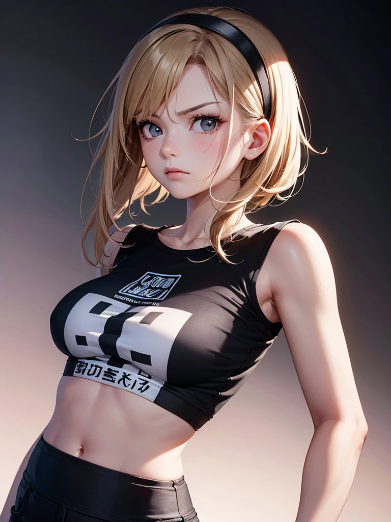 ((Portrait Photo)), She has a Cute and Youthful Childish Appearance, with a Slim Build and Well-Defined Arms. She Expresses a Strong and Determined Look, Frowning, Giving Off a Proud and Defiant Attitude. She has Sharp, Black Eyes, and Her Hair is Short and Tousled, Light Brown, with Strands Falling Over Her Forehead, Held by a Hairband. She Wears an Urban T-Shirt, Tight-Fitting Her Frame. ((Portrait Photo, HDR, Dark Background))