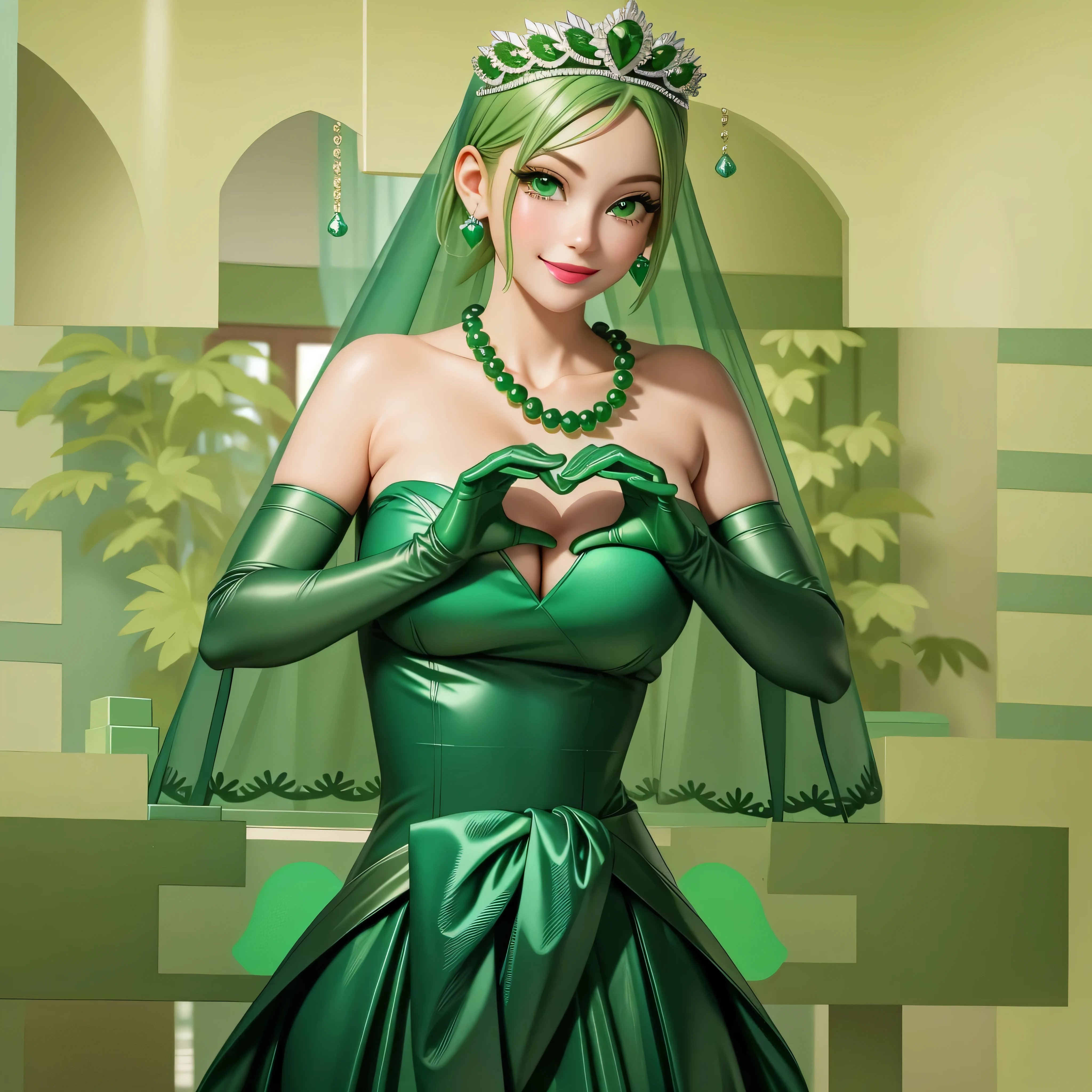 emerald tiara, Green Pearl Necklace, Boyish very short green hair, Green Lips, Smiling Japanese woman, Very short hair, Busty beautiful lady, Green Eyes, Green satin long gloves, Green Eyes, Emerald Earrings, Green veil, Heart with both hands, Green Hair, Beautiful Japanese Women, Heart shaped hands:1.3, green lip gloss