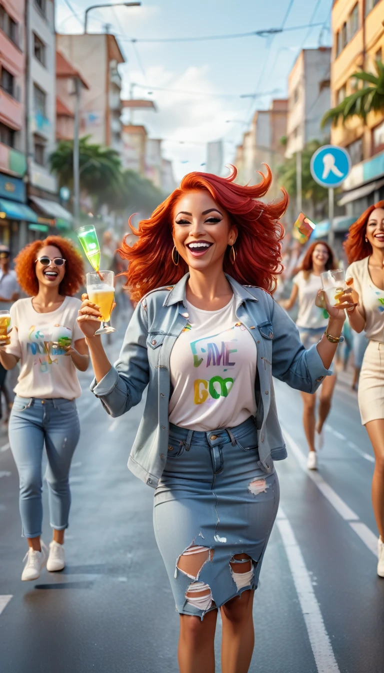 Adult women 35 years old with STRAIGHT RED HAIR, Brazilian, dressed in clothes, In an urban landscape and holographic signs、DANCING HAPPY. HANDS RAISED on the road. are drinking and laughing, The background is modern, high tech vibe. Lovely Digital Painting, 3D rendering, Bright lighting, sophisticated. adult people, pessoas bonitas, flat hair
