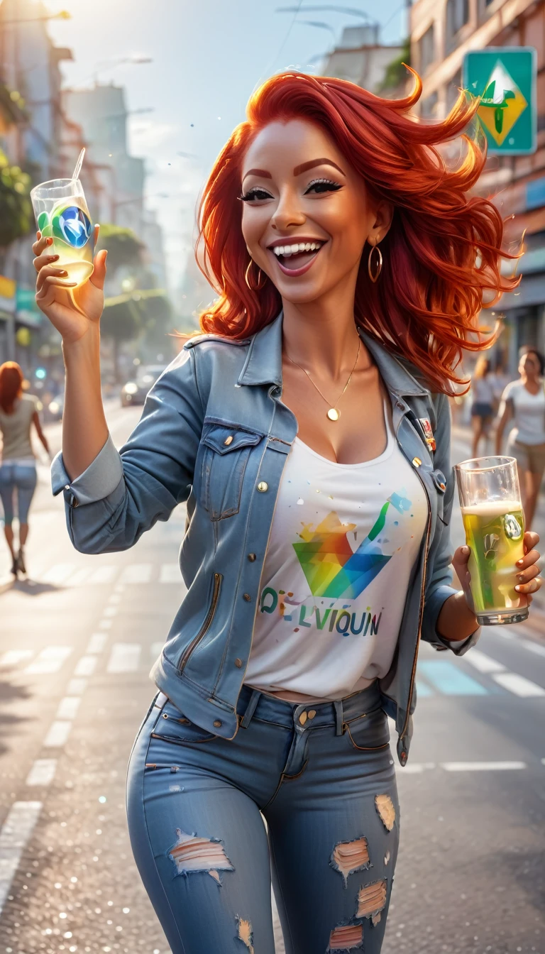 Adult women 35 years old with STRAIGHT RED HAIR, Brazilian, dressed in clothes, In an urban landscape and holographic signs、DANCING HAPPY. HANDS RAISED on the road. are drinking and laughing, The background is modern, high tech vibe. Lovely Digital Painting, 3D rendering, Bright lighting, sophisticated. adult people, pessoas bonitas, flat hair