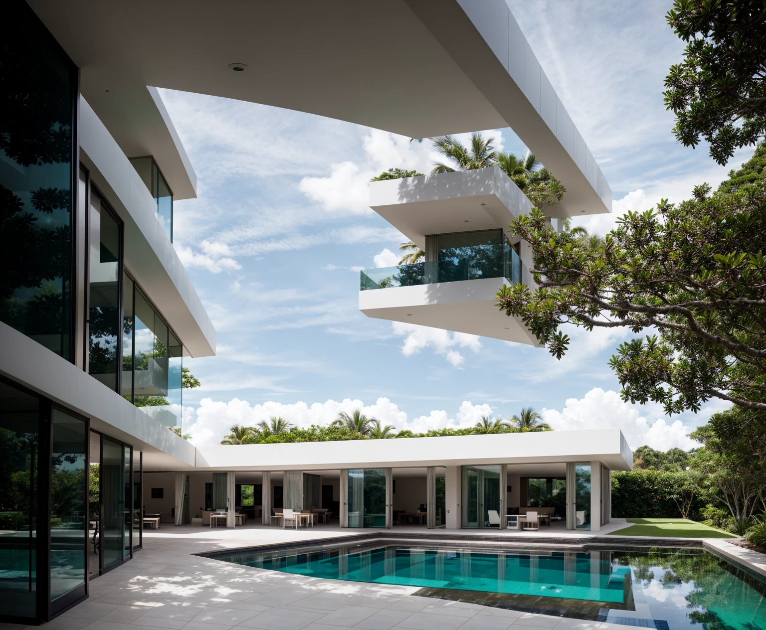 A wide angle shot shows the front view of a contemporary two-story villa with white walls and glass windows, design by Tadao ando,surrounded by lush greenery. It features an outdoor pool area overlooking the ocean at natural light. Stone pathways lead to multiple pools within the yard, adorned with vibrant tropical plants,architecture photography award, iwan baan, Taken on a Canon EOS R5 using a Canon RF 24-70mm f/2.8L IS USM lens at an F3.2 aperture setting in the style of Canon --ar 16:9 --c 5 --s 50 --v 6.0