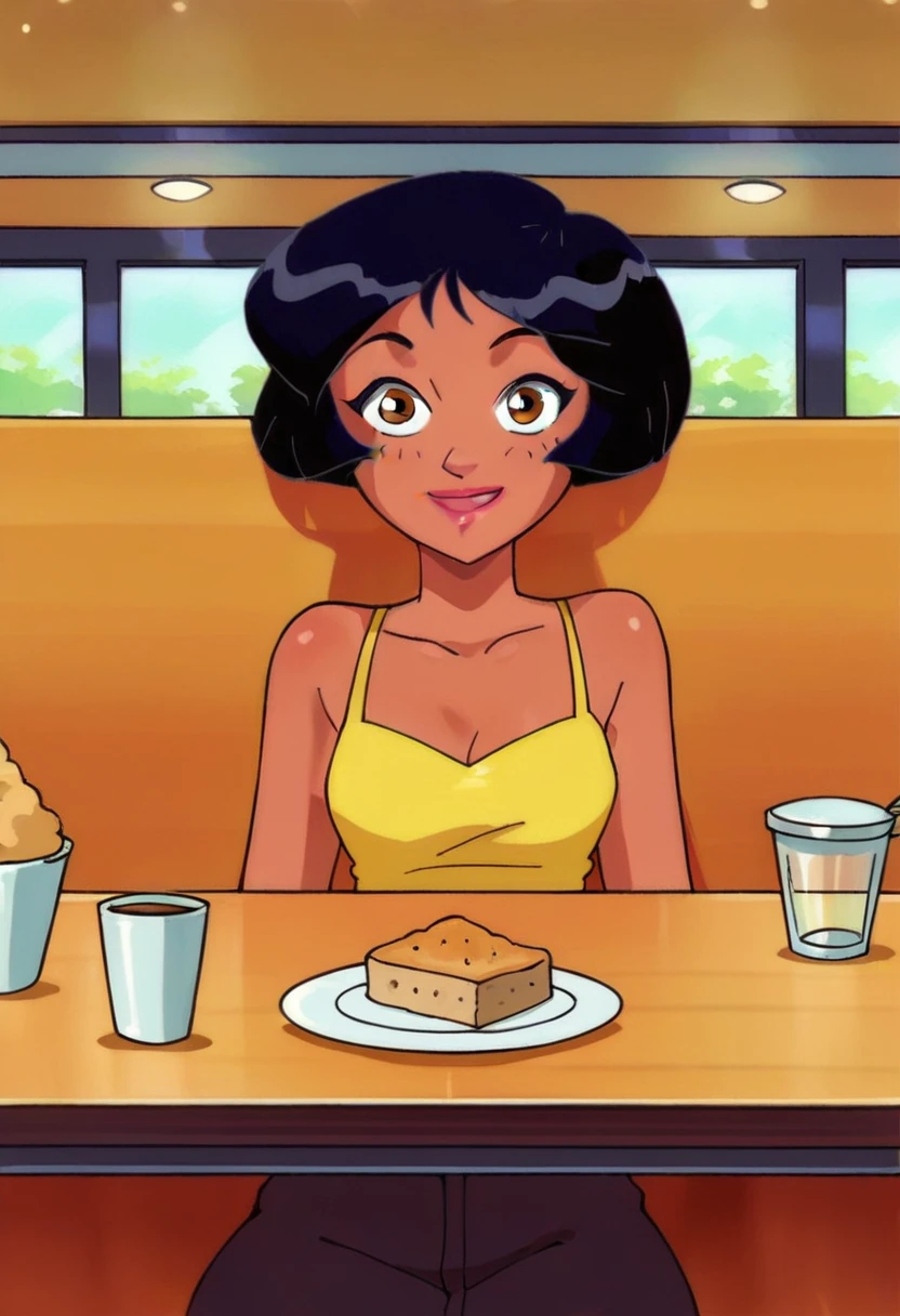 score_9, score_8_up, score_7_up, 
1girl, alex ts, black hair, short hair, brown eyes, dark-skinned female, looking at viewer, smile,

yellow camisole, 

pov, sitting, across table, cafe,