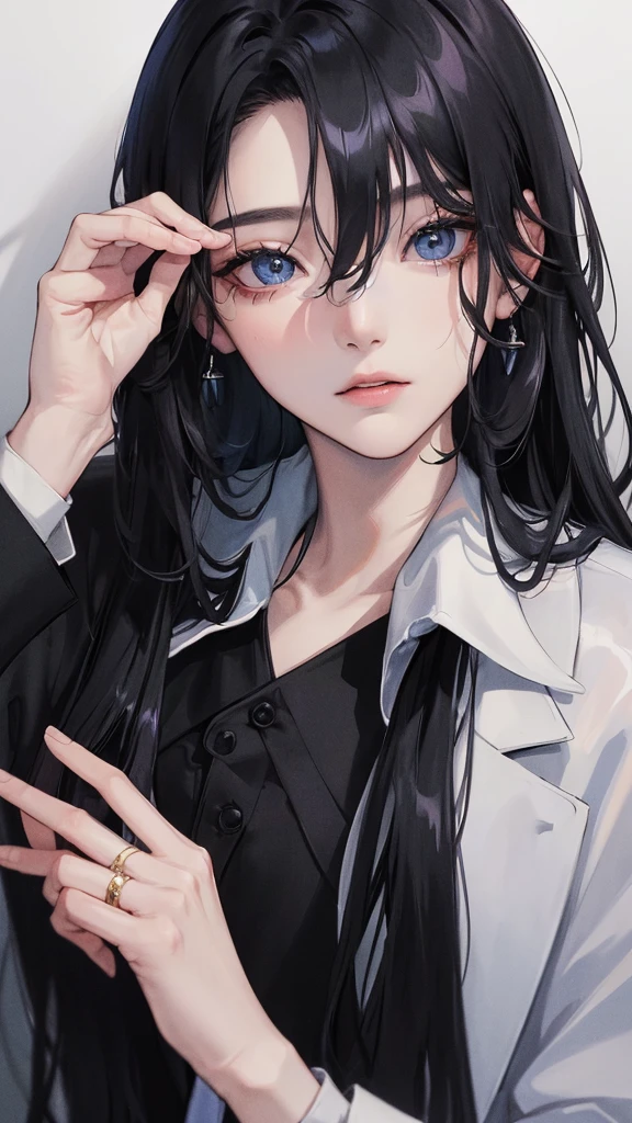 (Top resolution、Distinct_image)top-quality、femele、​masterpiece、highly detailed、Semi-realistic、odd  eyes、18year old、young、cool clothing、Exquisite facial features、Facial features、unique hairstyle, variations, potrait, nightclubs,   Black hair , long straight hairstyles, wear black suits, Mafia 