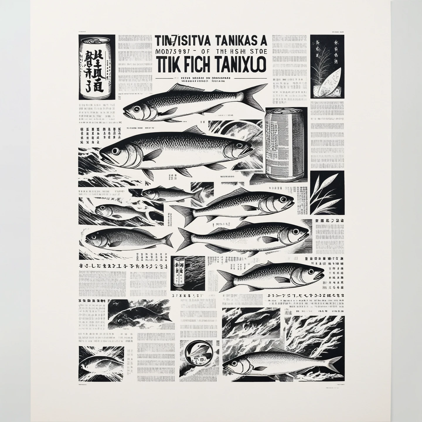 website concept tinned fish store, modernist, mid century, Reid Miles, helvetica, minimal 80's Japanese newsprint, Ikko Tanaka, negative space, abstract, ukiyo-e