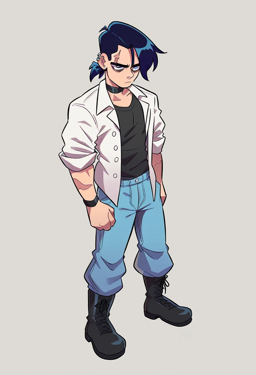 Guy Height 160, His medium-length hair is pulled back into a low ponytail., one strand falls on the face. He usually wears a black T-shirt under an open white jacket with the sleeves rolled up, grayish blue trousers and black boots. He also wears several accessories, such as black bracelets, Dark eyeliner, black choker that covers the scar on his neck, and two spiral piercings in each ear. He can almost always be seen looking tired / gloomy expression. Doesn't interact much with others. Looks like a girl