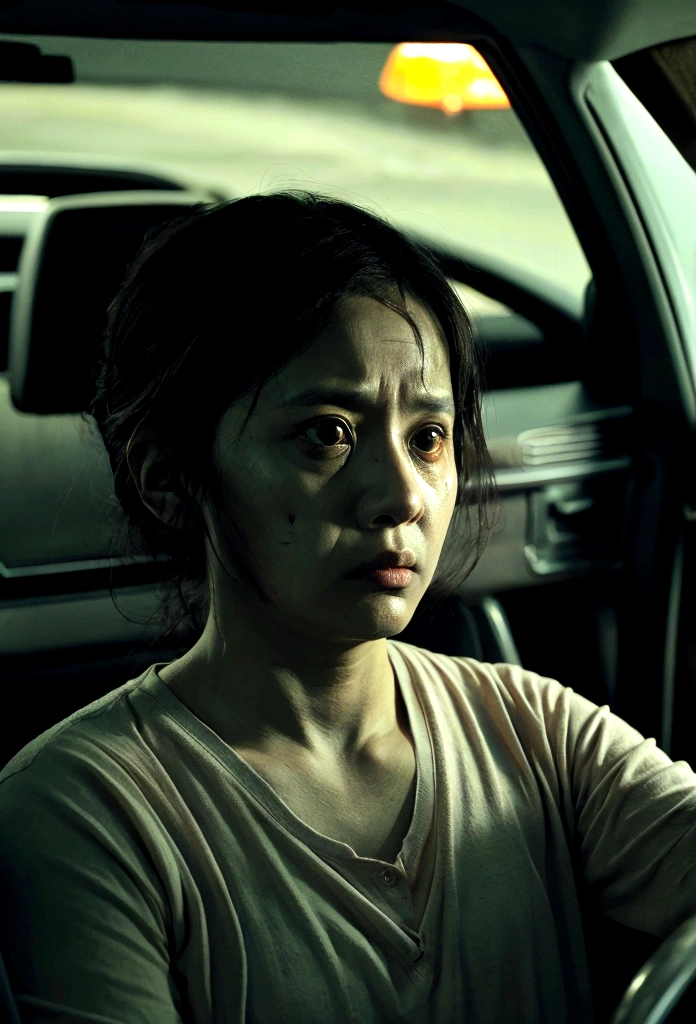 Draw me like a scene from a horror movie with a 40 year old man driving with a haggard face.