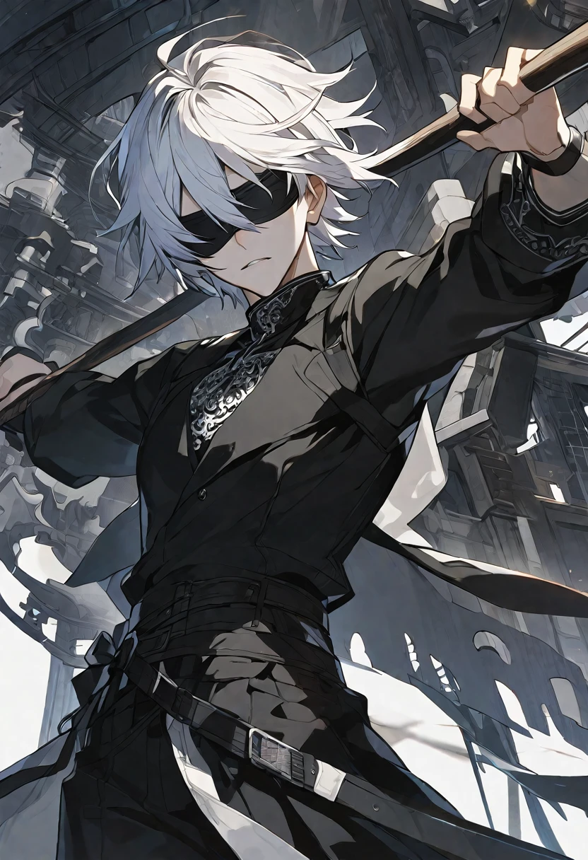 Solo, 1 male, white hair, black blindfold, black shirt, black coat, white scythe, nier automata
