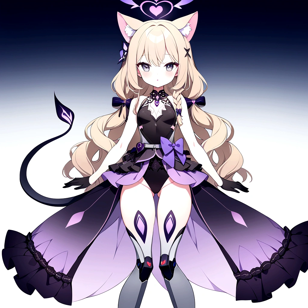 woman 170 cm tall, slim build, medium chest, wide hip. (character design sheet: front view). (Long dark blonde hair with pink details hip length with a short central strand, wavy hair with curls, She has a short braid tied with an elegant purple bow on the left side of her hair.. She has a short braid tied with an elegant purple bow on the right side of her hair). Gray eyes with purple. Two black and purple serval ears located on the top of the head. Luminous black halo with purple star patterns above his head. black necklace with heart emblem on the neck. (Elegant one-piece long dress with lace and ruffle skirt, ribbon decorations and star patterns on the dress). black gloves. gray belt at the waist with a large ribbon with a luminous pink heart in the middle. It has a succubus tail with a small purple star on the tip. (It has complex mechanical legs that reach up to the thighs and are black with small purple details.). beautiful detailed hair, beautiful detailed dress. extremely detailed arms. extremely detailed face, small face, Beautiful detailed eyes, beautiful detailed lips. adorable. extremely detailed legs. (Best Quality, 4k, 8k, high resolution), ultra detailed, Exquisite and epic character art.