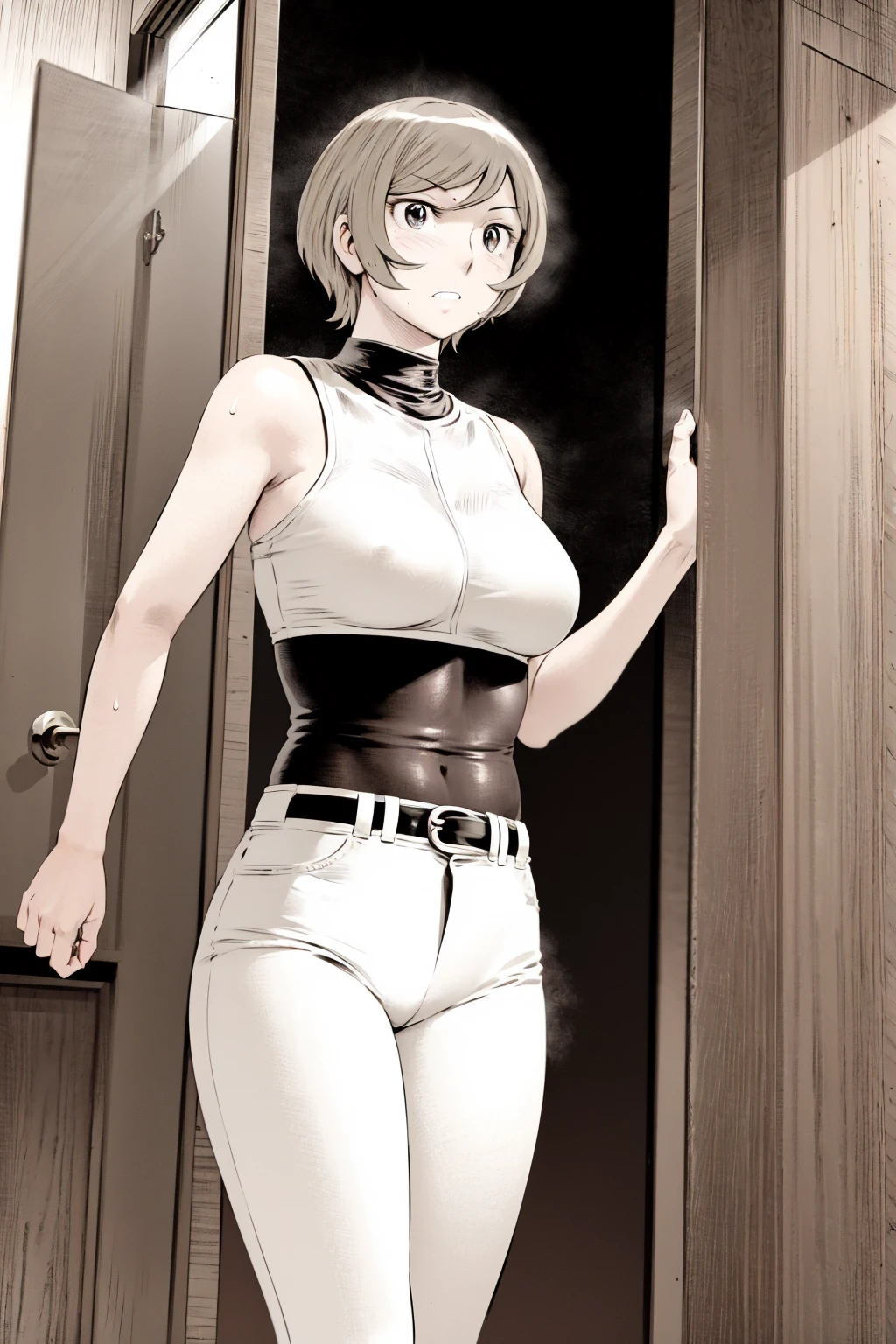 、(masterpiece、Highest quality)、Highest quality, Ultra-high resolution, (((masterpiece))), alone, Sweat、Big eyes,Tight black shirt、Tight white pants、belt、indoor、Composition from the front、(Cut the back hair short、short hair、blonde、woman)、Shortcuts、Embarrassed face、Cut your hair short、可愛いwomanの子、Big Breasts、office