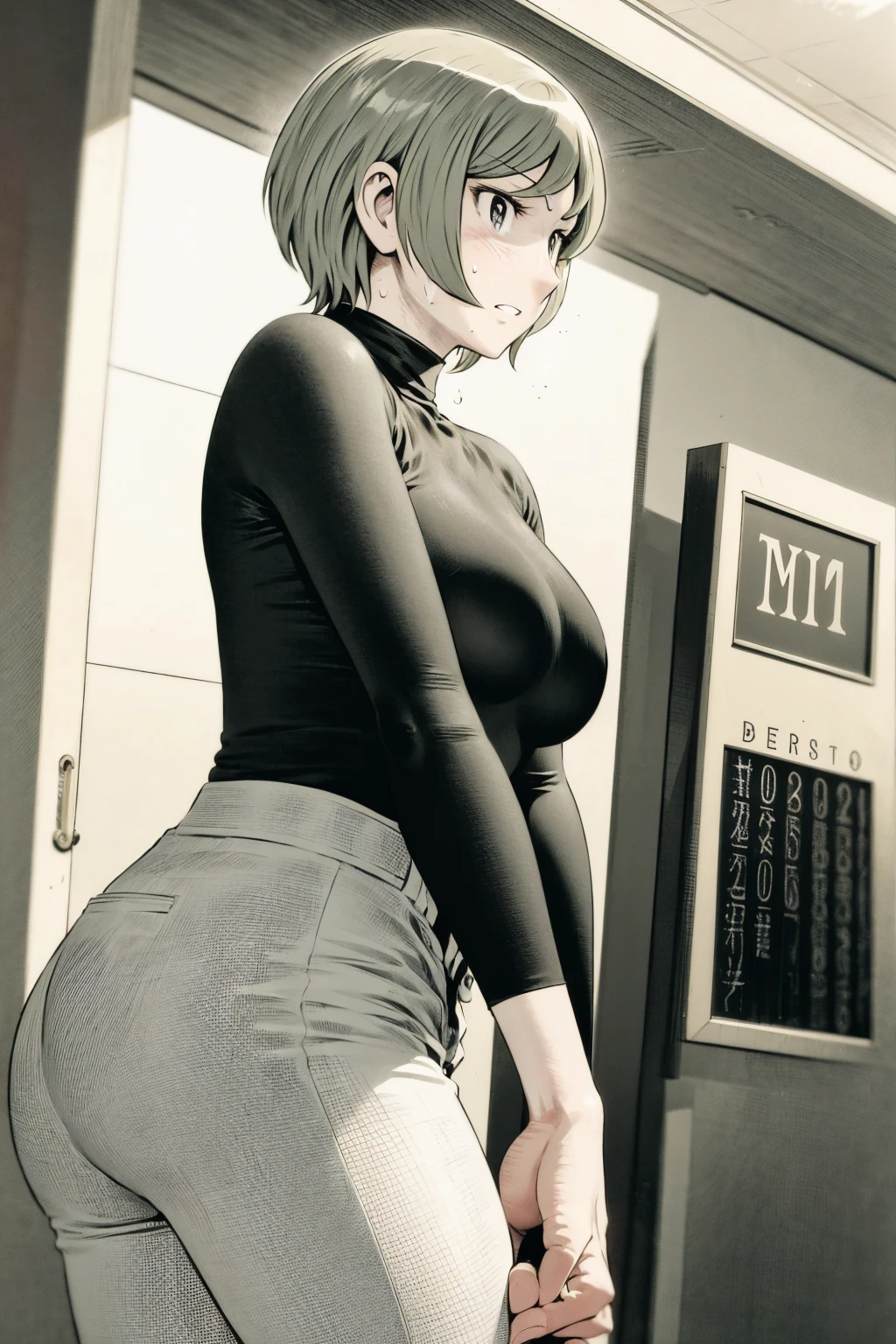 、(masterpiece、Highest quality)、Highest quality, Ultra-high resolution, (((masterpiece))), alone, Sweat、Big eyes,Tight black shirt、Tight white pants、belt、indoor、Composition from the front、(Cut the back hair short、short hair、blonde、woman)、Shortcuts、Embarrassed face、Cut your hair short、可愛いwomanの子、Big Breasts、office