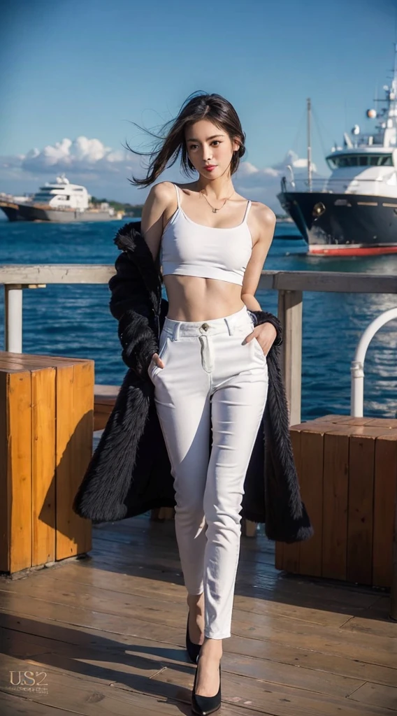 A woman in white pants and a white top standing on a pier, skinny waist and thick hips, dilraba dilmurat, photo of slim girl model, 2 4 year old female model, wearing a sexy cropped top, white pants, thin waist, with abs, thin-waist, smooth white tight clothes suit, korean women's fashion model, mai anh tran.
Masterpiece, ultra detailed, realistic, photo realistic, high detail RAW color photo, professional photograph, extremely detailed, finely detail, lens flare, Dynamic lighting, 8K, RAW Photo, Best High Quality, Masterpiece: 1.2, Ultra HD: 1, High Detail RAW Color Photo, Pro Photo, Realistic, Photo Realistic: 1.5, Live Photo, Super detailed, Masterpiece, Real Skin, Realistic Skin, Realistic HD Eyes, Highly detailed Eyes, Perfect Eyes, Perfect face, Perfect fingers, extremely detailed face, extremely detailed eyes, extremely detailed skin, perfect anatomy.