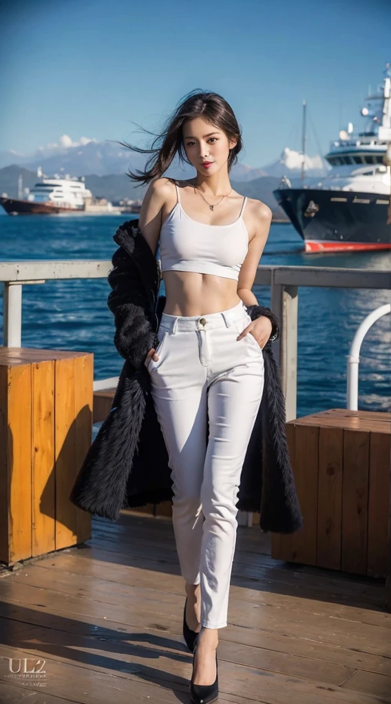 A woman in white pants and a white top standing on a pier, skinny waist and thick hips, dilraba dilmurat, photo of slim girl model, 2 4 year old female model, wearing a sexy cropped top, white pants, thin waist, with abs, thin-waist, smooth white tight clothes suit, korean women's fashion model, mai anh tran.
Masterpiece, ultra detailed, realistic, photo realistic, high detail RAW color photo, professional photograph, extremely detailed, finely detail, lens flare, Dynamic lighting, 8K, RAW Photo, Best High Quality, Masterpiece: 1.2, Ultra HD: 1, High Detail RAW Color Photo, Pro Photo, Realistic, Photo Realistic: 1.5, Live Photo, Super detailed, Masterpiece, Real Skin, Realistic Skin, Realistic HD Eyes, Highly detailed Eyes, Perfect Eyes, Perfect face, Perfect fingers, extremely detailed face, extremely detailed eyes, extremely detailed skin, perfect anatomy.