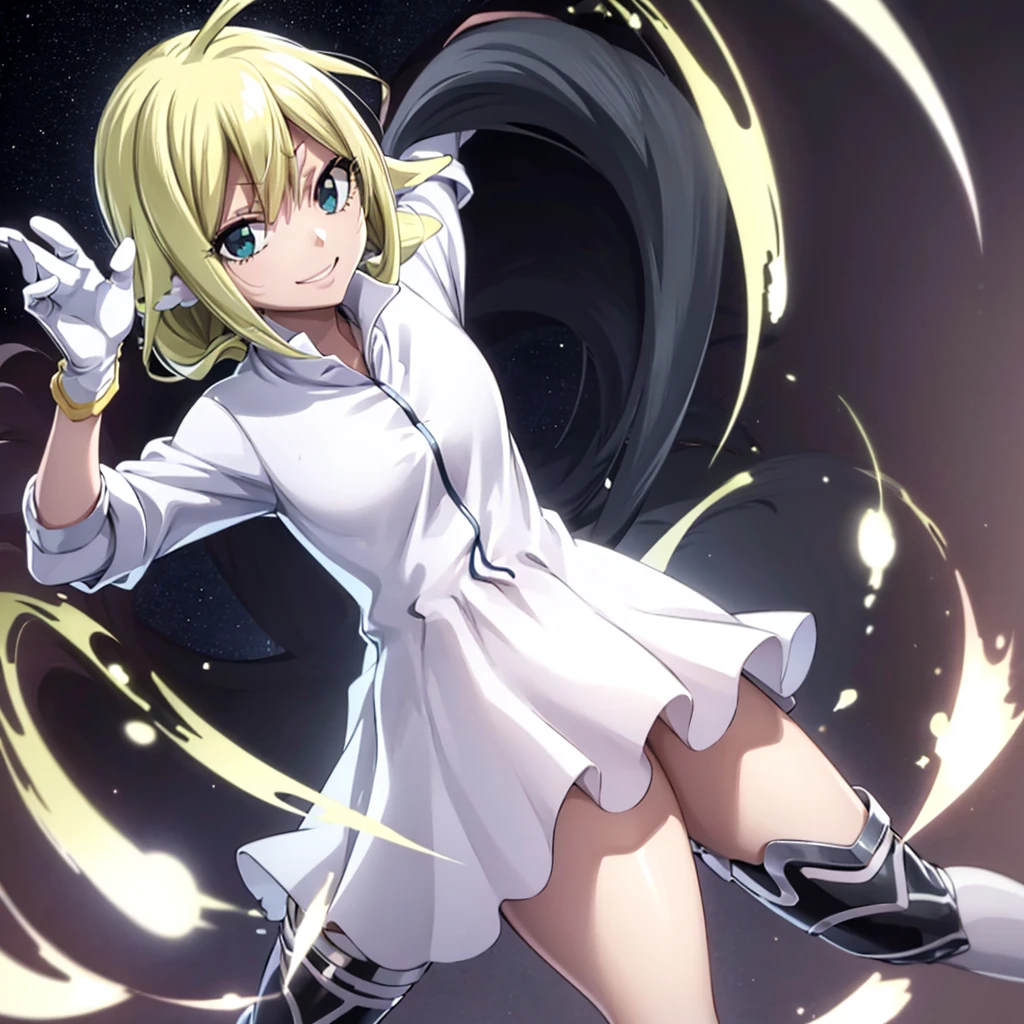 quincy,1girl,mavis,solo,looking at viewer,centered on image,inocent smile,gloves,yellow jacket,upperbody,white gloves,high resolution, high quality,hands out of the picture