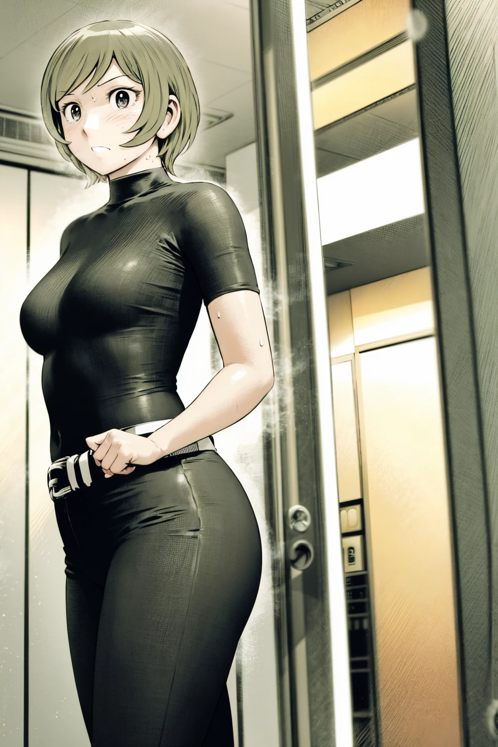 、(masterpiece、Highest quality)、Highest quality, Ultra-high resolution, (((masterpiece))), alone, Sweat、Big eyes,Tight black shirt、Tight white pants、belt、indoor、Composition from the front、（Cut the back hair short、short hair、blonde、woman）、Shortcuts、Embarrassed face、Cut your hair short、可愛いwomanの子、Big Breasts、office