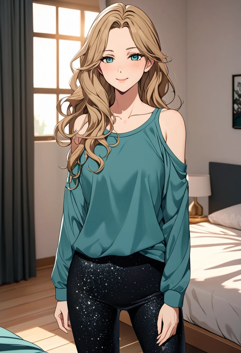 (masterpiece), (high resolution, 8k), (high detailed), woman mature, tall, (wavy long hair (dark blonde)), beautiful face, (close mouth:1.2), tired smile, small breast flat, wearing dark teal colored crystal themed cold shoulder casual shirt and black leggings pants with skirts overlay, standing on bedroom, anime style, unaestheticXL_bp5, SimplePositiveXLv2