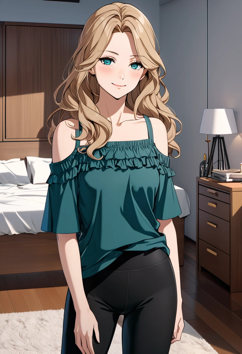 (masterpiece), (high resolution, 8k), (high detailed), woman mature, tall, (wavy long hair (dark blonde)), beautiful face, (close mouth:1.2), tired smile, small breast flat, wearing dark teal colored crystal themed cold shoulder casual shirt and black leggings pants with skirts overlay, standing on bedroom, anime style, unaestheticXL_bp5, SimplePositiveXLv2