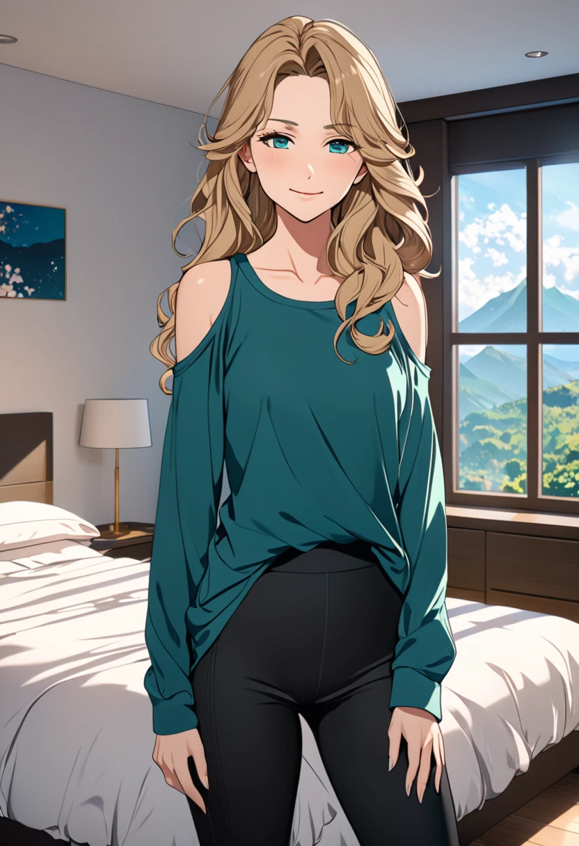 (masterpiece), (high resolution, 8k), (high detailed), woman mature, tall, (wavy long hair (dark blonde)), beautiful face, (close mouth:1.2), tired smile, small breast flat, wearing dark teal colored crystal themed cold shoulder casual shirt and black leggings pants with skirts overlay, standing on bedroom, anime style, unaestheticXL_bp5, SimplePositiveXLv2