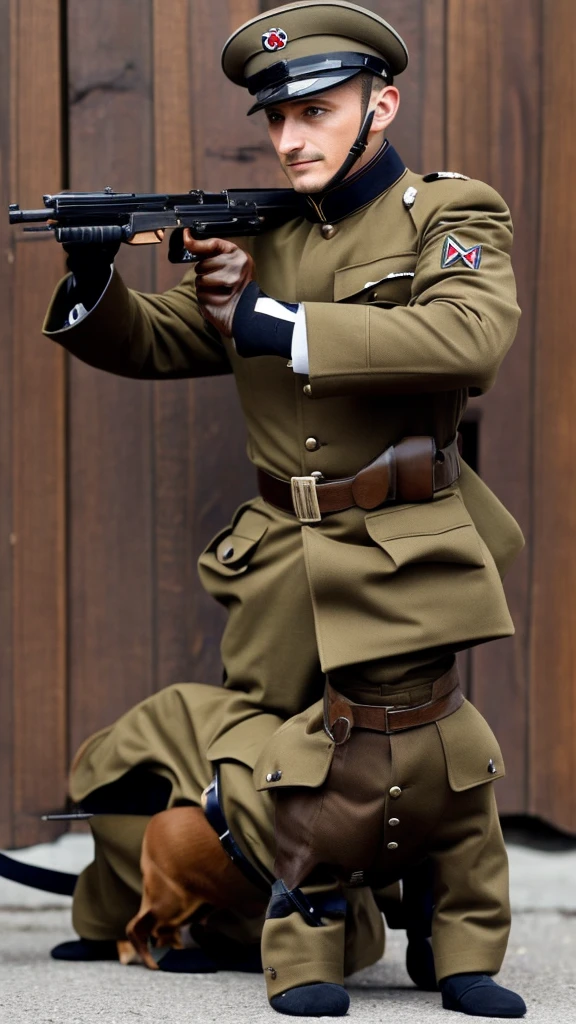 Dachshund in German SS uniform and a Parabellum luger