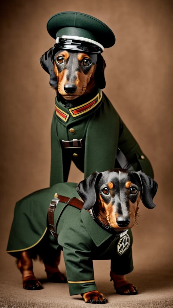 Dachshund in German SS uniform and a Parabellum luger