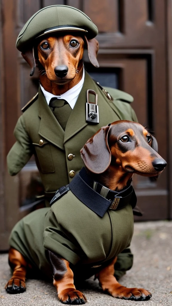 Dachshund in German SS uniform and a Parabellum luger