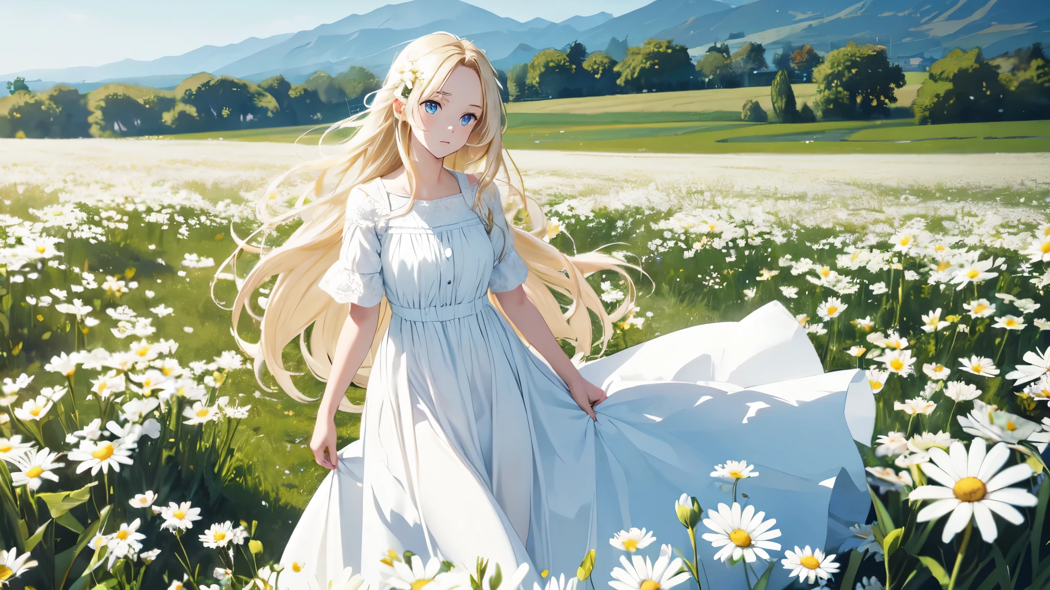 1 girl,in a field of flowers,White flower,Looking at the viewer,Blue eyes,blonde hair,daisy,long hair,pure white dress,