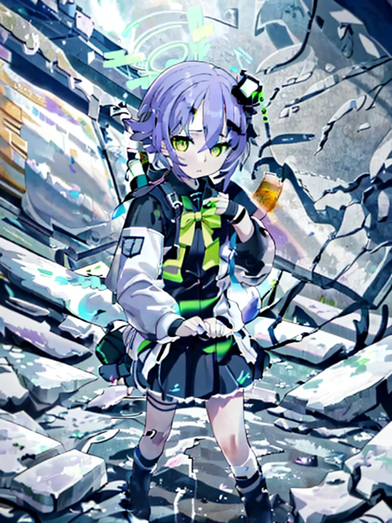 Girls Group, Chernobyl Exclusion Zone, s.Ton.a.large.potassium.This is.R, Purple Hair, Green Eyes, Scar above left eyebrow, unarmed, The left hand has five fingers, The right hand has five fingers, sad.