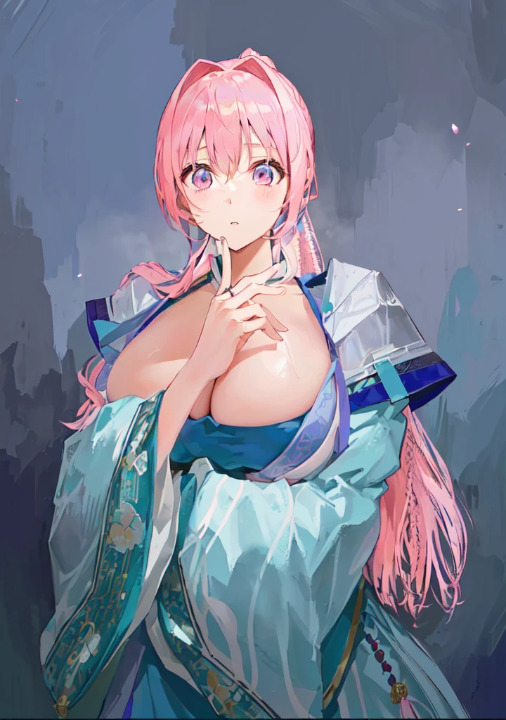 Pink Hair、Anime girl in blue dress poses for photo, Pink ponytail头发和粉色眼眸, Produced in collaboration with Anime Painter Studio, In the anime painter studio, Portrait of the Knights of the Zodiac, Sonison,超级Sonison,Celluloid,Three Kingdoms,Chinese style,antiquity,Hanfu,,Huge Breasts,Good shape,Pink ponytail,Pink long hair,Costume,包不住的Huge Breasts,Cute girl,Noble