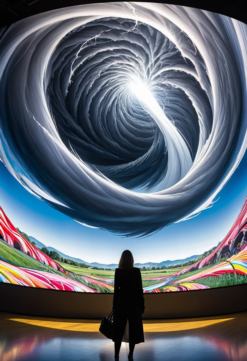 art in art, conceptual installation pop art, best quality, super fine, 16k, 2.5D, delicate and dynamic depiction, the image shows a dark gigantic sinister tornado. People and animals are depicted on monitor screen inside the tornado, when the image is cut open with pair of large scissors, dazzling, clear, sunny landscape can be seen from the inside