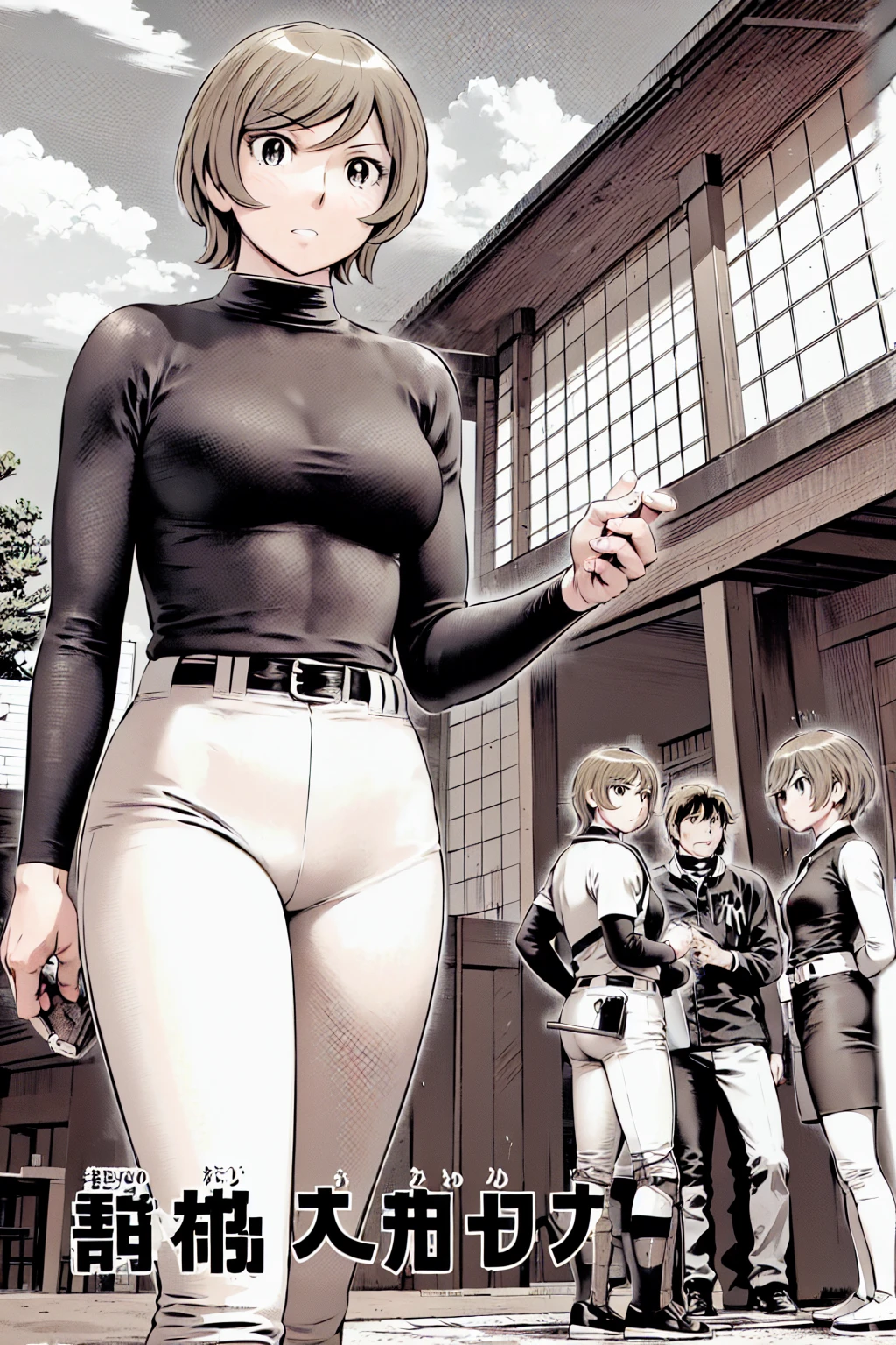 (野球uniform:1.2),
Blonde, (short hair:1.2),Long sleeve, Black Shirt, turtleneck,White trousers、uniform、Black belt、((Illustration of a person))、big 、
View your viewers,, (Highest quality:1.3),One Girl, White pants、uniform、Outdoor、baseball ground、ground、soil、blue eyes、Tight black shirt、(masterpiece、Highest quality)、Highest quality, Ultra-high resolution, (((masterpiece))), alone, big eyes、big Breasts、One Girl, Front view、Embarrassed face、Bronze colored hair、((short hair))、Stand up straight、Cowboy Shot