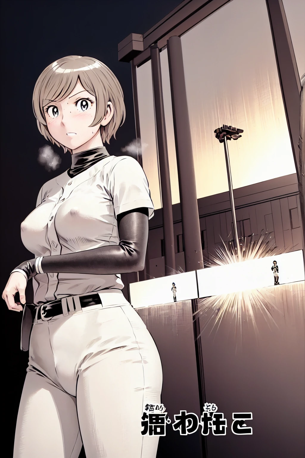 (野球uniform:1.2),
Blonde, (short hair:1.2),Long sleeve, Black Shirt, turtleneck,White trousers、uniform、Black belt、((Illustration of a person))、big 、
View your viewers,, (Highest quality:1.3),One Girl, White pants、uniform、Outdoor、baseball ground、ground、soil、blue eyes、Tight black shirt、(masterpiece、Highest quality)、Highest quality, Ultra-high resolution, (((masterpiece))), alone, Sweat、big eyes、big Breasts、Torn clothes、 fully exposed、Nipples、One Girl, Front view、Embarrassed face、Bronze colored hair、((short hair))、Stand up straight、Cowboy Shot