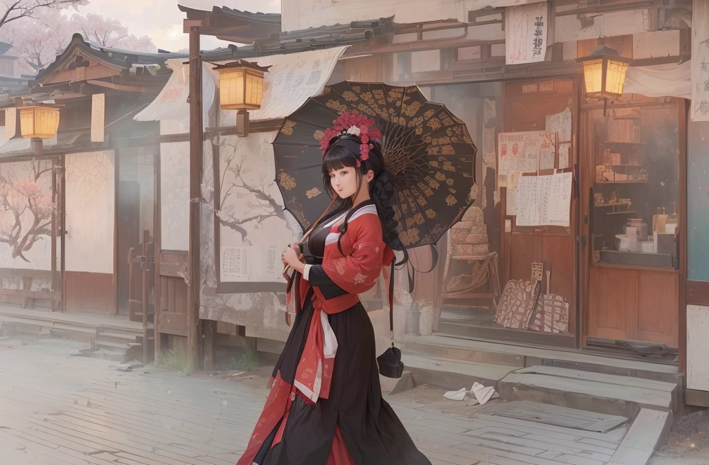 A woman in a long dress holding an umbrella, artwork in the style of Gwaiz, Gwaiz, Gwaiz on pixiv artstation, Gwaiz on artstation pixiv, Gwaiz masterpiece, palace ， Girl in Hanfu, Anime Style 4k, Digital art on pixiv, Beautiful artwork illustration 1. Scenery and Cityscape in the Early Meiji Era
After the Meiji Restoration, Japan underwent rapid modernization and civilization. Consequently, many changes and reforms occurred. Below is a detailed explanation of the scenery, appearance of the poor, occupations, and cityscapes in the early Meiji period (1868 to the early 1880s).

2. Appearance of the Poor
Life for the impoverished and lower classes remained harsh. In particular, in urban areas, people migrated from rural areas or unemployed artisans gathered, intensifying competition in the labor market. Many of them struggled with poverty, often residing in slums or around temples.

3. Occupations
Meiji early Japan witnessed a diversification of occupations. Traditional agriculture and handicrafts were accompanied by the rise of modern industry and commerce. Particularly in urban areas, factory workers, shop clerks, and transporters increased, giving rise to new professions. However, many in these occupations endured harsh working conditions.

4. Influence of Civilization and Enlightenment
During the Meiji era, Western cultural influences spread rapidly. Changes in clothing, dietary habits, and the proliferation of Western-style architecture advanced, especially in urban areas. Conversely, this development posed a threat to traditional culture and lifestyles, resulting in societal upheaval and adaptation challenges.

5. Social Change and Policy Influence
While promoting modernization policies, the government also addressed poverty and social issues. Legislation for labor protection and charitable activities to aid the poor were implemented. Nevertheless, living conditions for the impoverished scarcely improved.

The early Meiji period marked a rapid transformation in Japan, with complex social landscapes involving challenges faced b
