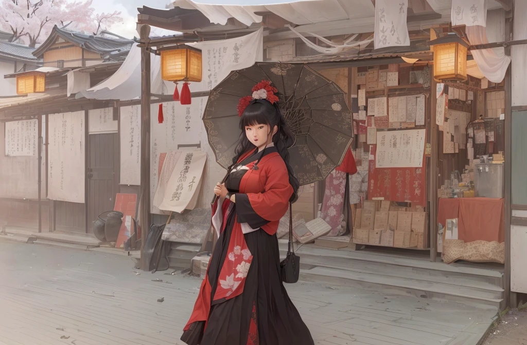 A woman in a long dress holding an umbrella, artwork in the style of Gwaiz, Gwaiz, Gwaiz on pixiv artstation, Gwaiz on artstation pixiv, Gwaiz masterpiece, palace ， Girl in Hanfu, Anime Style 4k, Digital art on pixiv, Beautiful artwork illustration 1. Scenery and Cityscape in the Early Meiji Era
After the Meiji Restoration, Japan underwent rapid modernization and civilization. Consequently, many changes and reforms occurred. Below is a detailed explanation of the scenery, appearance of the poor, occupations, and cityscapes in the early Meiji period (1868 to the early 1880s).

2. Appearance of the Poor
Life for the impoverished and lower classes remained harsh. In particular, in urban areas, people migrated from rural areas or unemployed artisans gathered, intensifying competition in the labor market. Many of them struggled with poverty, often residing in slums or around temples.

3. Occupations
Meiji early Japan witnessed a diversification of occupations. Traditional agriculture and handicrafts were accompanied by the rise of modern industry and commerce. Particularly in urban areas, factory workers, shop clerks, and transporters increased, giving rise to new professions. However, many in these occupations endured harsh working conditions.

4. Influence of Civilization and Enlightenment
During the Meiji era, Western cultural influences spread rapidly. Changes in clothing, dietary habits, and the proliferation of Western-style architecture advanced, especially in urban areas. Conversely, this development posed a threat to traditional culture and lifestyles, resulting in societal upheaval and adaptation challenges.

5. Social Change and Policy Influence
While promoting modernization policies, the government also addressed poverty and social issues. Legislation for labor protection and charitable activities to aid the poor were implemented. Nevertheless, living conditions for the impoverished scarcely improved.

The early Meiji period marked a rapid transformation in Japan, with complex social landscapes involving challenges faced b