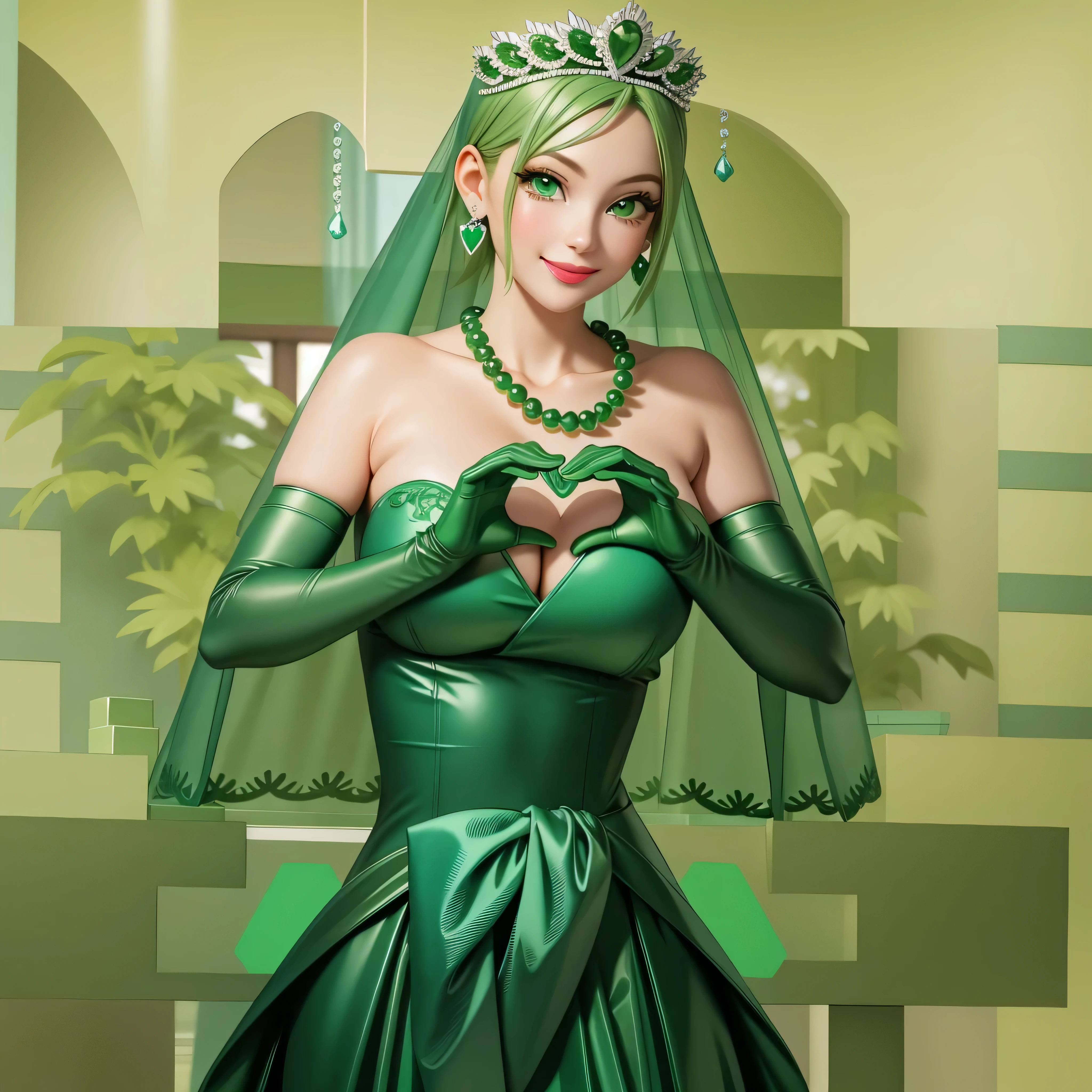 emerald tiara, Green Pearl Necklace, Boyish very short green hair, Green Lips, Smiling Japanese woman, Very short hair, Busty beautiful lady, Green Eyes, Green satin long gloves, Green Eyes, Emerald Earrings, Green veil, Heart with both hands, Green Hair, Beautiful Japanese Women, Heart shaped hands:1.3, green lip gloss