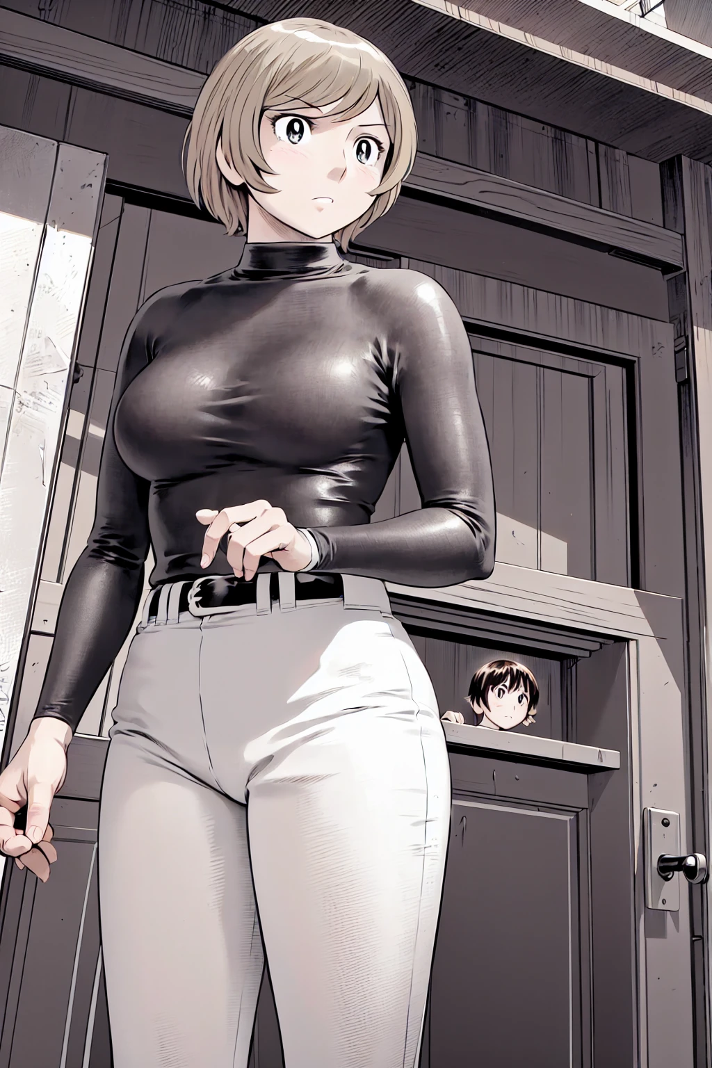 (野球uniform:1.2),
Blonde, (short hair:1.2),Long sleeve, Black Shirt, turtleneck,White trousers、uniform、Black belt、((Illustration of a person))、big 、
View your viewers,, (Highest quality:1.3),One Girl, White pants、uniform、Outdoor、baseball ground、ground、soil、blue eyes、Tight black shirt、(masterpiece、Highest quality)、Highest quality, Ultra-high resolution, (((masterpiece))), alone, big eyes、big Breasts、One Girl, Front view、Embarrassed face、Bronze colored hair、((short hair))、Stand up straight、Cowboy Shot