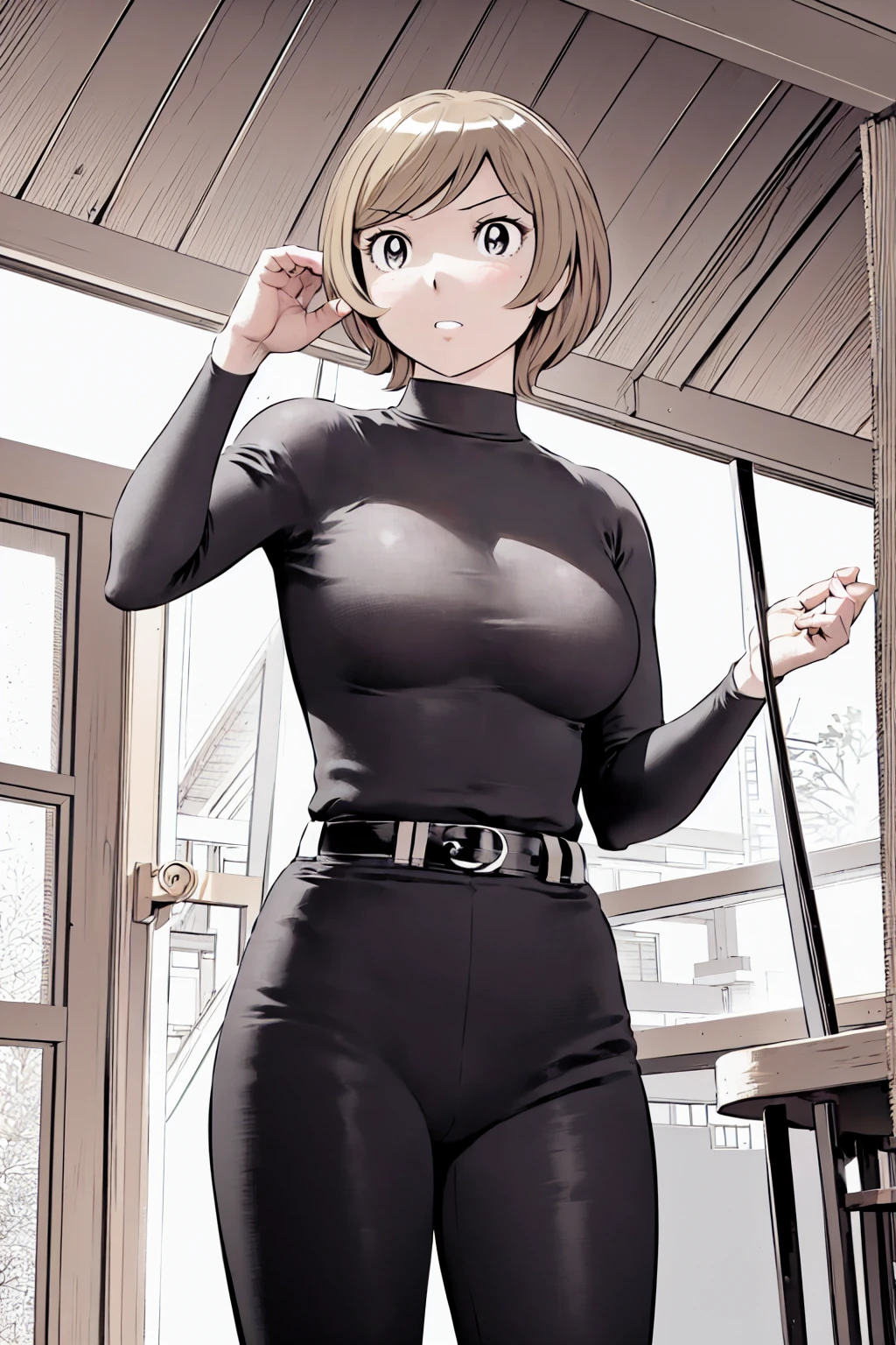 (野球uniform:1.2),
Blonde, (short hair:1.2),Long sleeve, Black Shirt, turtleneck,White trousers、uniform、Black belt、((Illustration of a person))、big 、
View your viewers,, (Highest quality:1.3),One Girl, White pants、uniform、Outdoor、baseball ground、ground、soil、blue eyes、Tight black shirt、(masterpiece、Highest quality)、Highest quality, Ultra-high resolution, (((masterpiece))), alone, big eyes、big Breasts、One Girl, Front view、Embarrassed face、Bronze colored hair、((short hair))、Stand up straight、Cowboy Shot