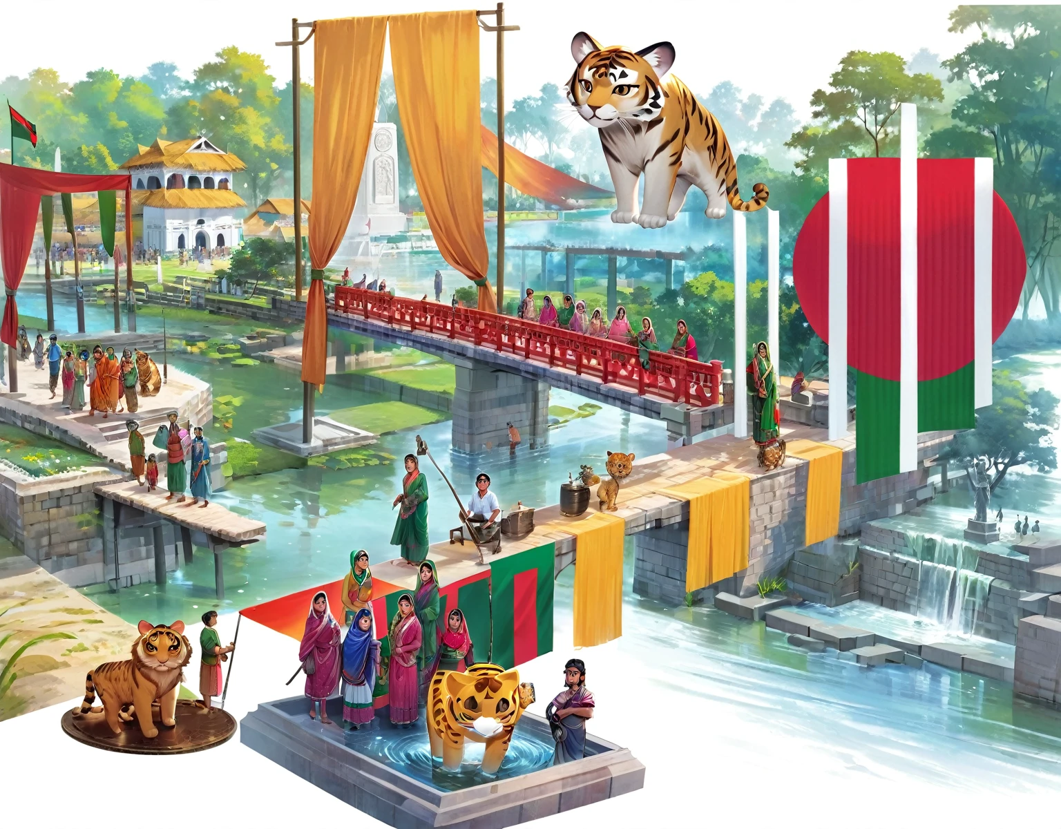 (Bangladesh)), poster image of a vibrant landscape of Bangladesh, where tradition and technology converge, a Smart Village emerges., Smart Village: Bridging Tradition and Technology Connected Community. Historical Monuments of Bangladesh. Water lily, Royal Bengal tiger, sculpture of Bangladesh freedom fight. national martyrs memorial of Bangladesh 