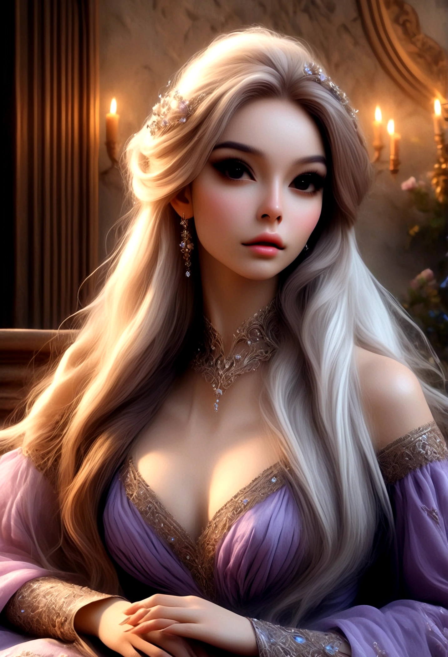 (masterpiece, ultra quality, high resolution, 8k, intricate: 1.2) photorealistic Epic romantic fantasy book cover, in center HALF-BODY COUPLE. spring romantic fantasy in center beautiful long half-body LONG WHITEhair man, ultradetailed beautiful faces, and beautiful lady in bright color french gown, proportional, tender, shimmering, ultradetailed beautiful faces, day BoKEH, fairytale magic, mysterious, light spring colorscheme, (Best quality,8K,A high resolution,Masterpiece:1.2),Ultra-detailed,(Realistic,Photorealistic,photo-realistic:1.37),Portrait,Creative style artwork,Historical,classical,Sophisticated,plethora of colors,Highly detailed,Soft lighting,luxurious environment,detailed gown,Vibrant flowers,detailed jewellery,Ethereal atmosphere,Elegant Pose,Graceful curves,Gold body proportions，Flowing hair,Breathtaking textile patterns,Harsh purple eyes,Delicate floral decoration,A dazzling array of crystal accessories,Mysterious and dreamy atmosphere,Impeccable attention to detail.