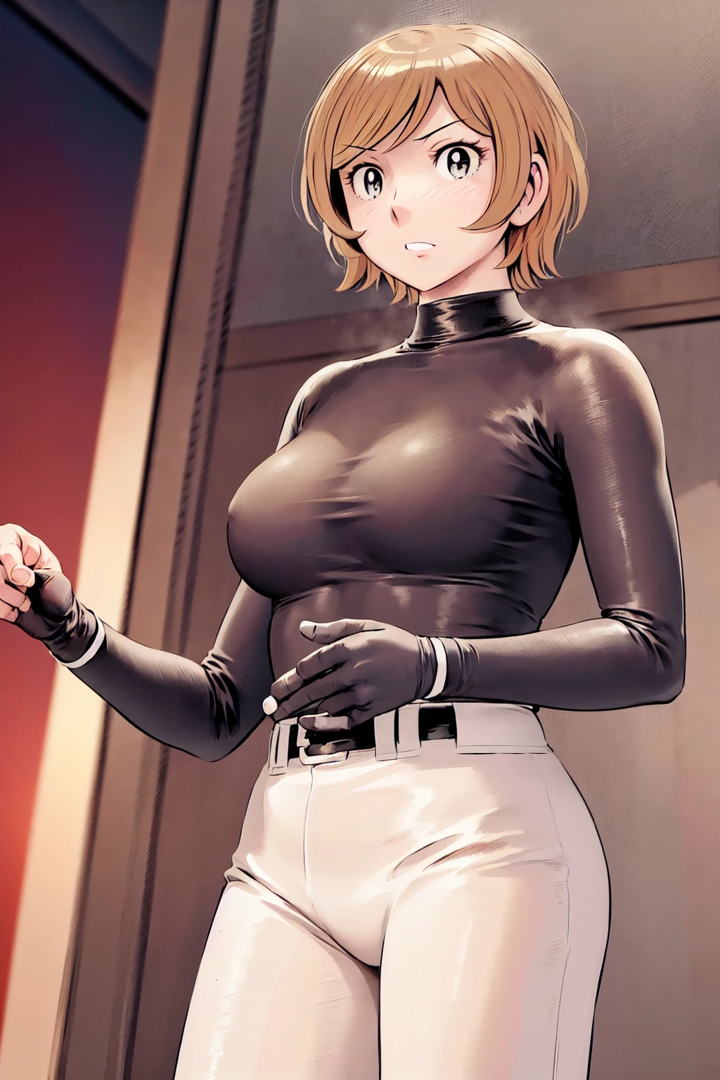(野球uniform:1.2),
Blonde, (short hair:1.2),Long sleeve, Black Shirt, turtleneck,White trousers、uniform、Black belt、((Illustration of a person))、big 、
View your viewers,, (Highest quality:1.3),One Girl, White pants、uniform、Outdoor、baseball ground、ground、soil、blue eyes、Tight black shirt、(masterpiece、Highest quality)、Highest quality, Ultra-high resolution, (((masterpiece))), alone, big eyes、big Breasts、One Girl, Front view、Embarrassed face、Bronze colored hair、((short hair))、Stand up straight、Cowboy Shot