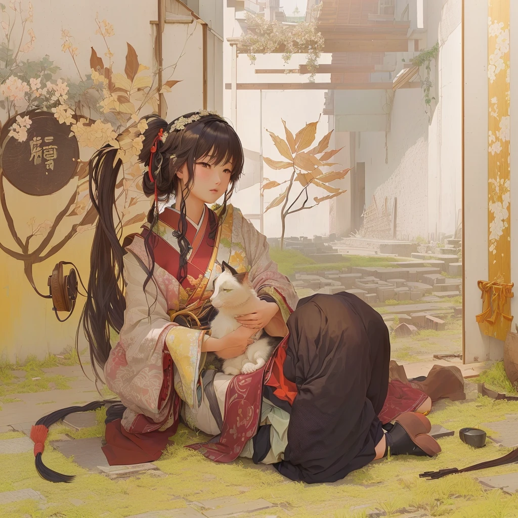 Animated scene of a woman kneeling with a cat on her lap, by Shimo, Zerochan Art, Artistic rendering of Reimu Hakurei, Beautiful artwork illustration, Pixiv contest winner, Pixiv, digital art on Pixiv, Gwaiz, Gwaiz on Pixiv artstation, artwork in the style of Gwaiz1. Scenery and Cityscape in the Early Meiji Era
After the Meiji Restoration, Japan underwent rapid modernization and civilization. Consequently, many changes and reforms occurred. Below is a detailed explanation of the scenery, appearance of the poor, occupations, and cityscapes in the early Meiji period (1868 to the early 1880s).

2. Appearance of the Poor
Life for the impoverished and lower classes remained harsh. In particular, in urban areas, people migrated from rural areas or unemployed artisans gathered, intensifying competition in the labor market. Many of them struggled with poverty, often residing in slums or around temples.

3. Occupations
Meiji early Japan witnessed a diversification of occupations. Traditional agriculture and handicrafts were accompanied by the rise of modern industry and commerce. Particularly in urban areas, factory workers, shop clerks, and transporters increased, giving rise to new professions. However, many in these occupations endured harsh working conditions.

4. Influence of Civilization and Enlightenment
During the Meiji era, Western cultural influences spread rapidly. Changes in clothing, dietary habits, and the proliferation of Western-style architecture advanced, especially in urban areas. Conversely, this development posed a threat to traditional culture and lifestyles, resulting in societal upheaval and adaptation challenges.

5. Social Change and Policy Influence
While promoting modernization policies, the government also addressed poverty and social issues. Legislation for labor protection and charitable activities to aid the poor were implemented. Nevertheless, living conditions for the impoverished scarcely improved.

The early Meiji period marked a rapid transformation in Japan, with complex social landscapes involving challenges faced b
