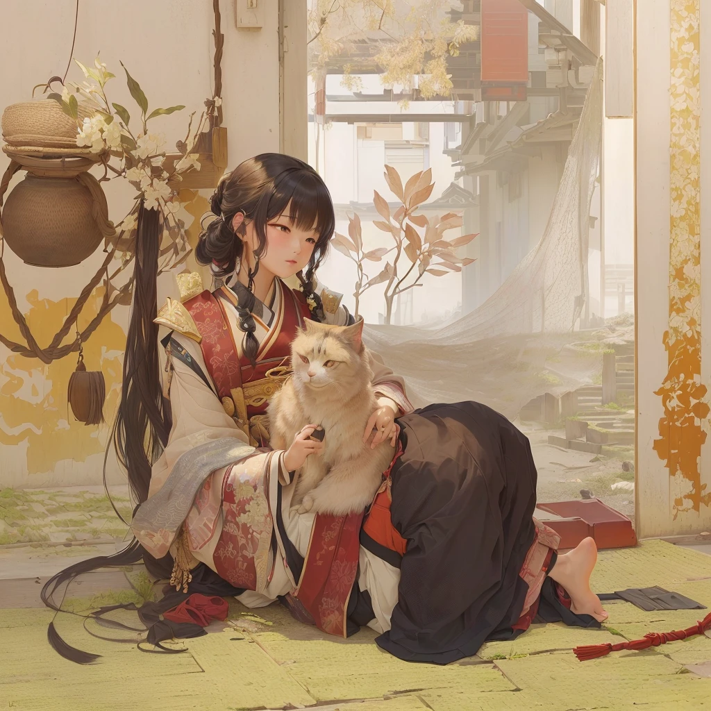 Animated scene of a woman kneeling with a cat on her lap, by Shimo, Zerochan Art, Artistic rendering of Reimu Hakurei, Beautiful artwork illustration, Pixiv contest winner, Pixiv, digital art on Pixiv, Gwaiz, Gwaiz on Pixiv artstation, artwork in the style of Gwaiz1. Scenery and Cityscape in the Early Meiji Era
After the Meiji Restoration, Japan underwent rapid modernization and civilization. Consequently, many changes and reforms occurred. Below is a detailed explanation of the scenery, appearance of the poor, occupations, and cityscapes in the early Meiji period (1868 to the early 1880s).

2. Appearance of the Poor
Life for the impoverished and lower classes remained harsh. In particular, in urban areas, people migrated from rural areas or unemployed artisans gathered, intensifying competition in the labor market. Many of them struggled with poverty, often residing in slums or around temples.

3. Occupations
Meiji early Japan witnessed a diversification of occupations. Traditional agriculture and handicrafts were accompanied by the rise of modern industry and commerce. Particularly in urban areas, factory workers, shop clerks, and transporters increased, giving rise to new professions. However, many in these occupations endured harsh working conditions.

4. Influence of Civilization and Enlightenment
During the Meiji era, Western cultural influences spread rapidly. Changes in clothing, dietary habits, and the proliferation of Western-style architecture advanced, especially in urban areas. Conversely, this development posed a threat to traditional culture and lifestyles, resulting in societal upheaval and adaptation challenges.

5. Social Change and Policy Influence
While promoting modernization policies, the government also addressed poverty and social issues. Legislation for labor protection and charitable activities to aid the poor were implemented. Nevertheless, living conditions for the impoverished scarcely improved.

The early Meiji period marked a rapid transformation in Japan, with complex social landscapes involving challenges faced b
