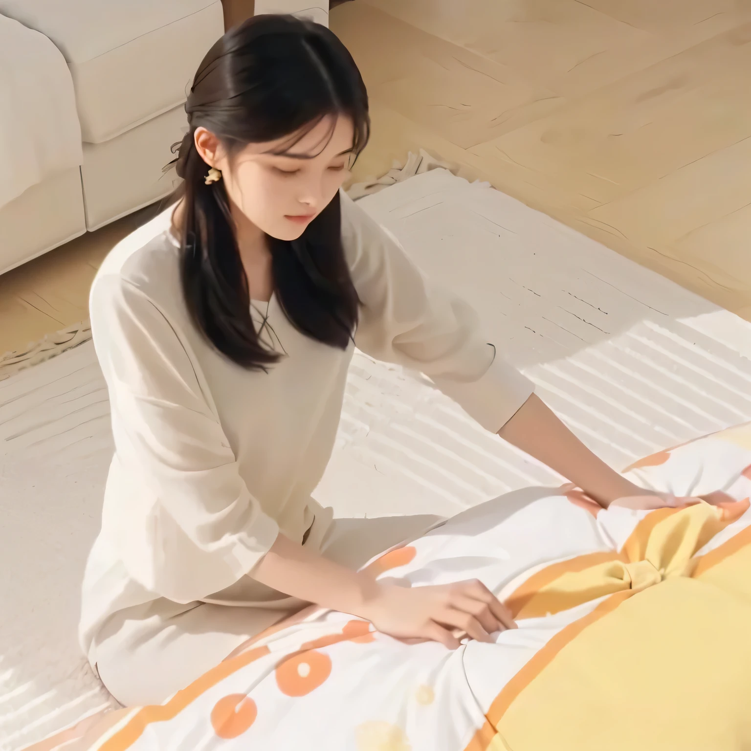 A woman sitting on the floor,Top view,Profile,Bow your head,Sleeping on a sun-shaped pillow, Ease of use, ,fashionable, Soft and warm,