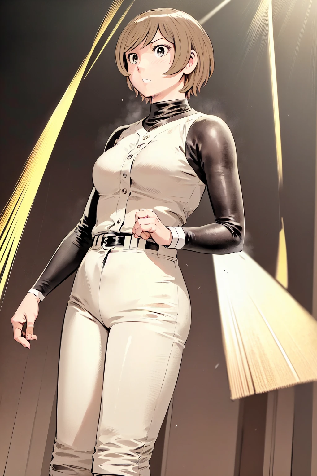 (野球uniform:1.2),
Blonde, (short hair:1.2),Long sleeve, Black Shirt, turtleneck,White trousers、uniform、Black belt、((Illustration of a person))、big 、
View your viewers,, (Highest quality:1.3),One Girl, White pants、uniform、Outdoor、baseball ground、ground、soil、blue eyes、Tight black shirt、(masterpiece、Highest quality)、Highest quality, Ultra-high resolution, (((masterpiece))), alone, big eyes、big Breasts、One Girl, Front view、Embarrassed face、Bronze colored hair、((short hair))、Stand up straight、Cowboy Shot