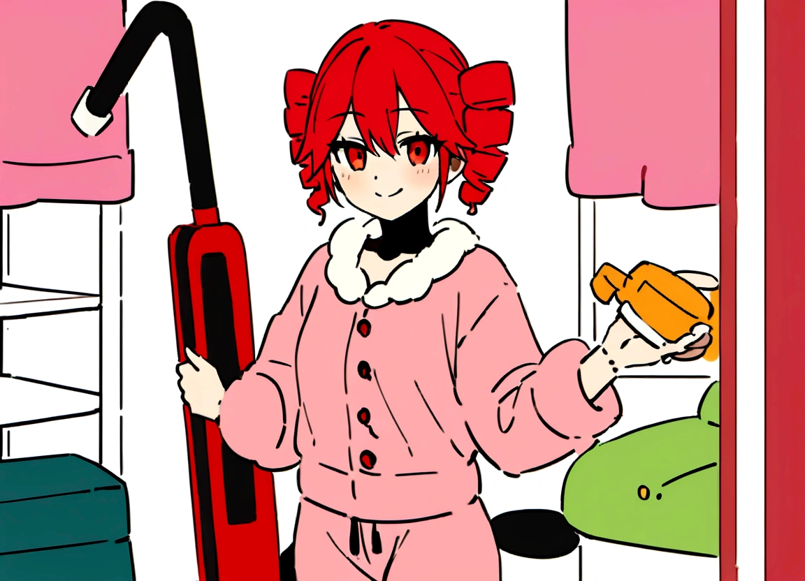 Red hair, loungewear, holding vacuum cleaner, smiling