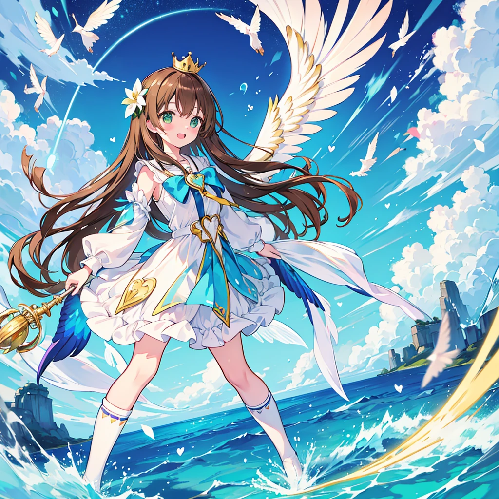 kawaii, anime, Cute, hyper quality, highly detailed, 16k, Front facing, Clarity, full body, smile, heart, one girl, long brown hair, green eyes, Magical girl, , brown hawk wings on the back, heart stick, white actinidia arguta flowers, over knee socks, ribbon, open your mouth and laugh, light dances, A bird of light flaps its wings, brandish a stick, morning sunshine, magic effect, magic attack, heart effect, accessories, cute costume, white petals dance, flower blooming hill, white sardine flower, blue sky, crown, a brown bird flapping its wings, clear sky, Light of the sun, long magic stick, fantasy world, 	